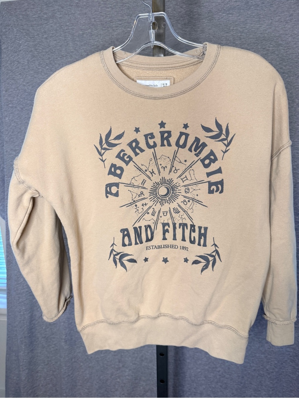 abercrombie kids Tan Crewneck Sweatshirt with Navy Graphic